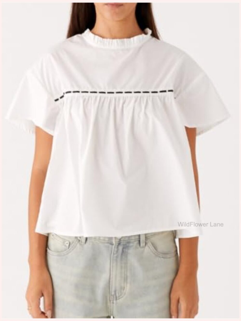 Crew Frill Neckline Short Sleeve Lace Ribbon Boho Blouse - Picture 3 of 4